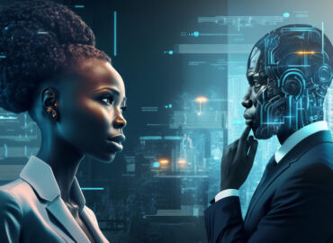 Woman in suit facing man in suit with a robot overlay over his face