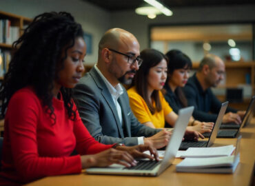 Group of people on a long table using laptops