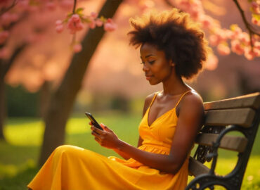 Woman sitting on a bench in nature using a mobile phone