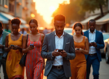 diverse group of people using mobile devices whilst walking