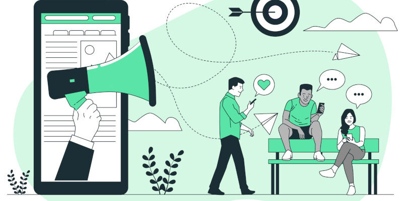 Inbound Marketing Illustration Showing Bullhorn Protruding From Cell Phone Broadcasting To An Audience Using Cellphones