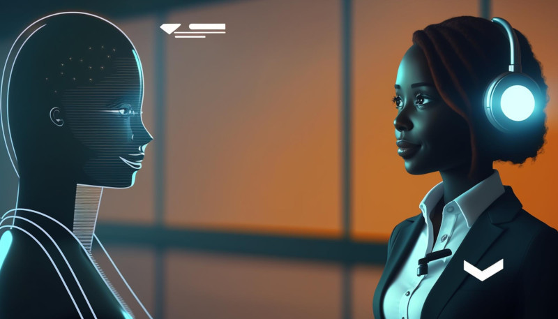 A robot and a woman facing each other, the woman has headphones and a mic attached to her shirt