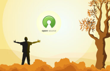 Illustration of man standing with outstretched arms facing an open source logo with the sun in the background