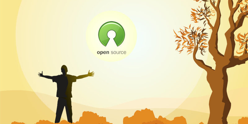 Illustration of man standing with outstretched arms facing an open source logo with the sun in the background