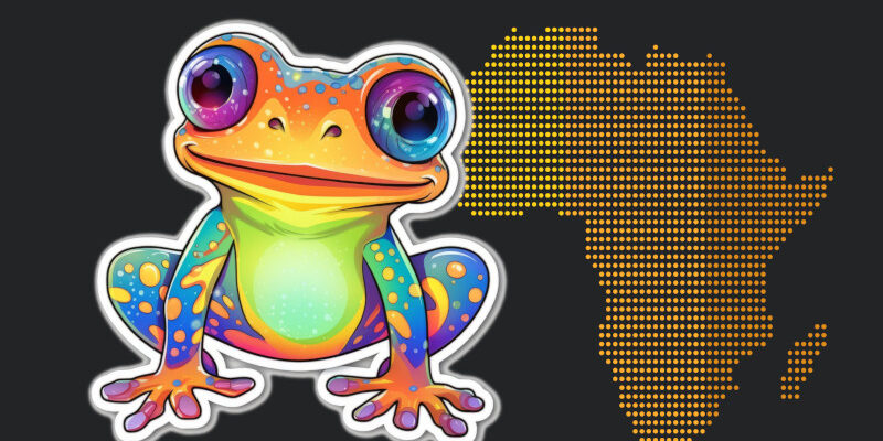 Illustration of brightly coloured frog on an African map backdrop