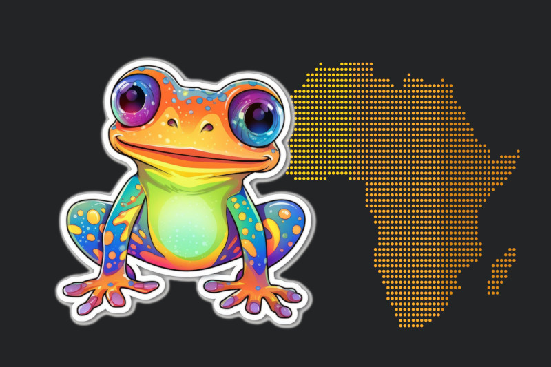 Illustration of brightly coloured frog on an African map backdrop