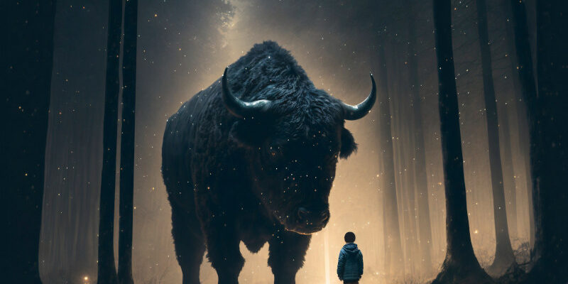 Fantasy of small boy facing a giant bison