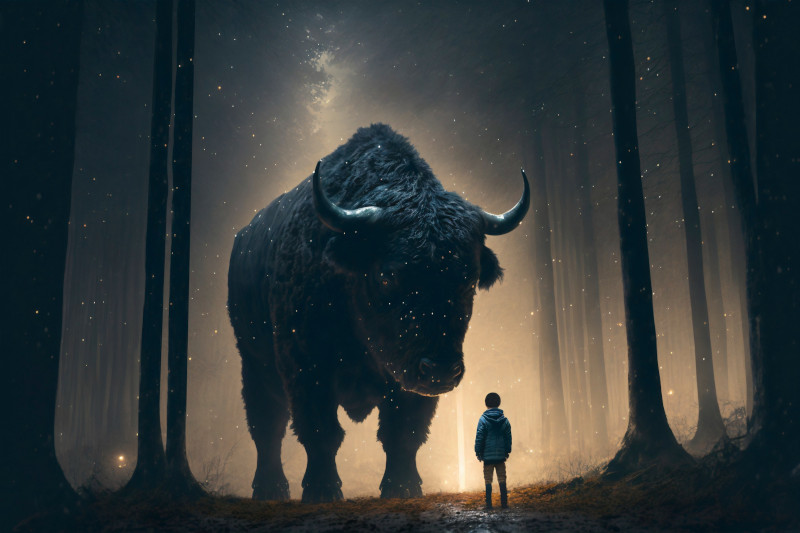 Fantasy of small boy facing a giant bison