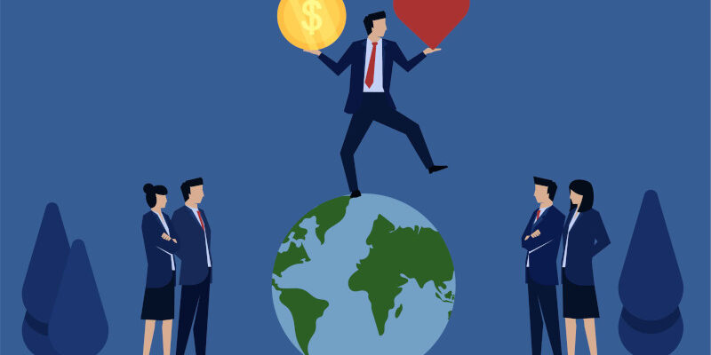 Businessman juggling act above globe while holding coin and heart
