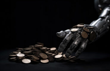 Robotic hand touching a pile of coin on a black background