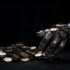 Robotic hand touching a pile of coin on a black background