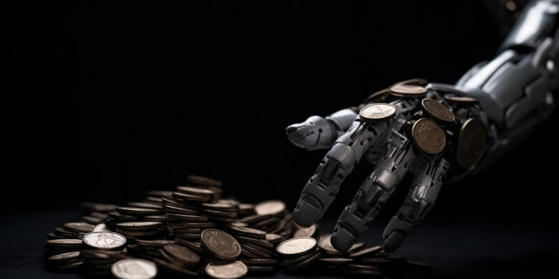 Robotic hand touching a pile of coin on a black background