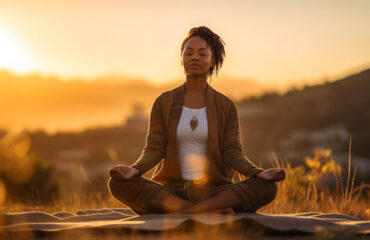 young woman practicing meditation outdoors at sunset