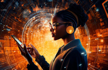 Lady wearing glasses using tablet with a futuristic technology backdrop