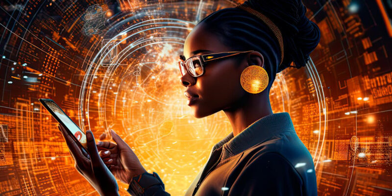 Lady wearing glasses using tablet with a futuristic technology backdrop