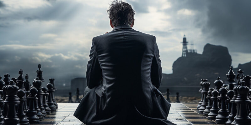 Businessman sitting on a giant chessboard looking at a gloomy skyline