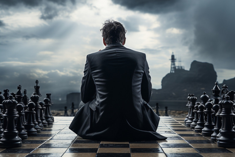 Businessman sitting on a giant chessboard looking at a gloomy skyline