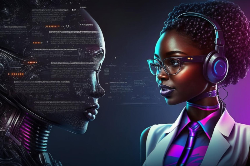 A woman wearing headphones and a headset looks at a robot