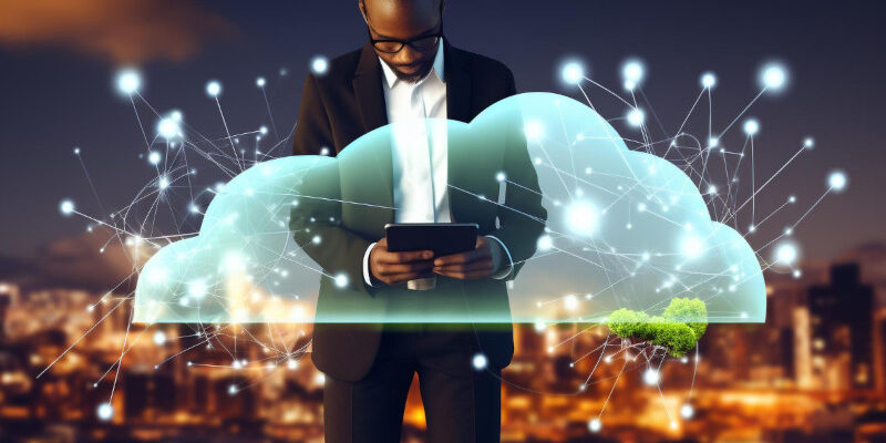 Man in suit using tablet with sparkly cloud in foreground