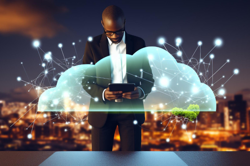 Man in suit using tablet with sparkly cloud in foreground
