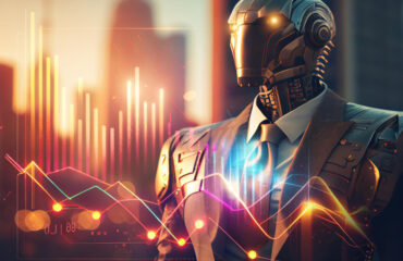 Metallic robot dressed in suit and tie with charts in foreground