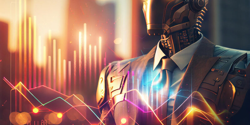 Metallic robot dressed in suit and tie with charts in foreground