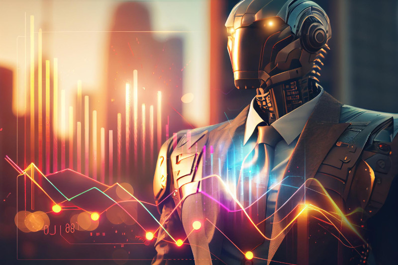 Metallic robot dressed in suit and tie with charts in foreground