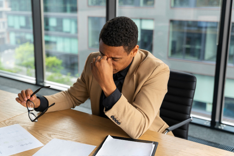 Man sitting at a desk in despair with documents in front of him