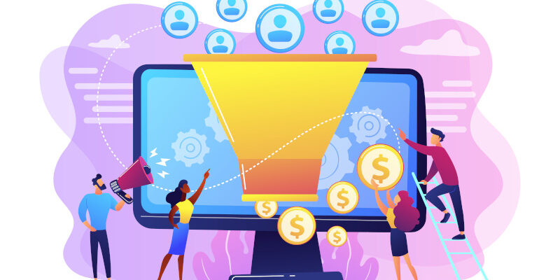 Illustration of marketers nurturing leads through a sales funnel on a computer monitor backdrop