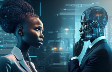 Woman in suit facing man in suit with a robot overlay on his face
