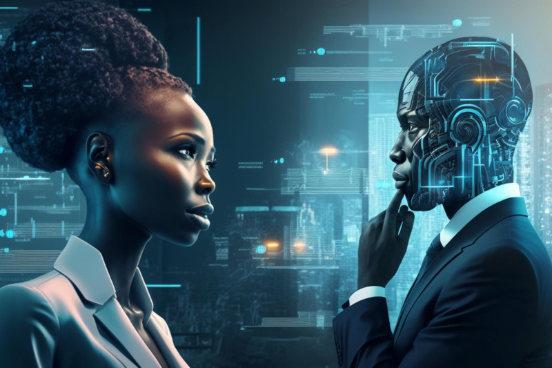 Woman in suit facing man in suit with a robot overlay on his face