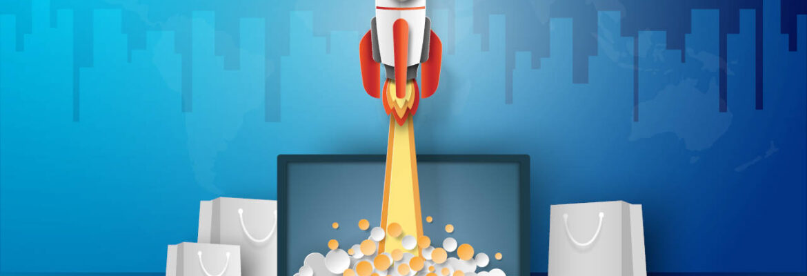 Business concept, Rocket launching from laptop with paper bags around