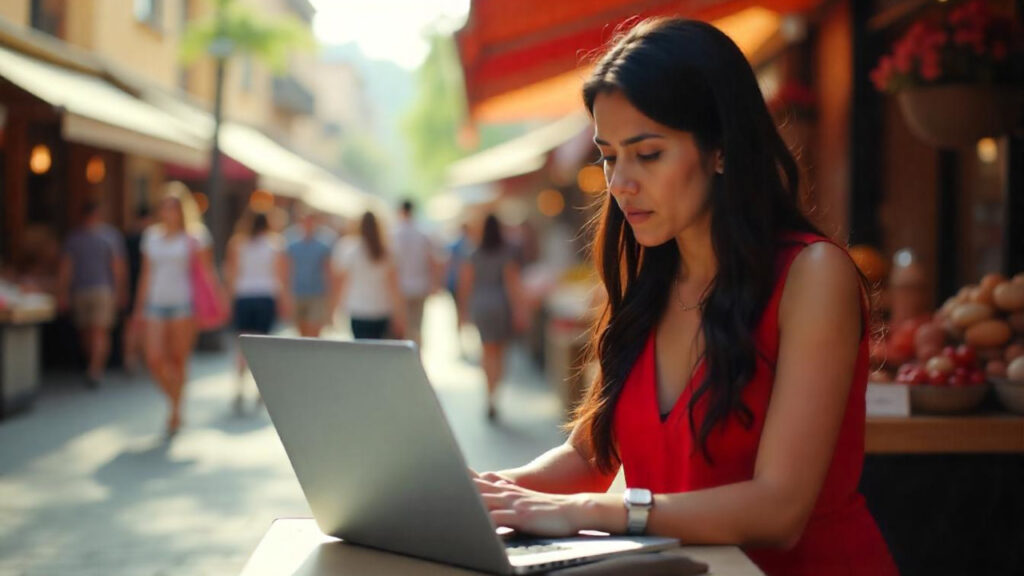 A frustrated business owner looking at a slow, broken website on a laptop, with customers walking away in the background