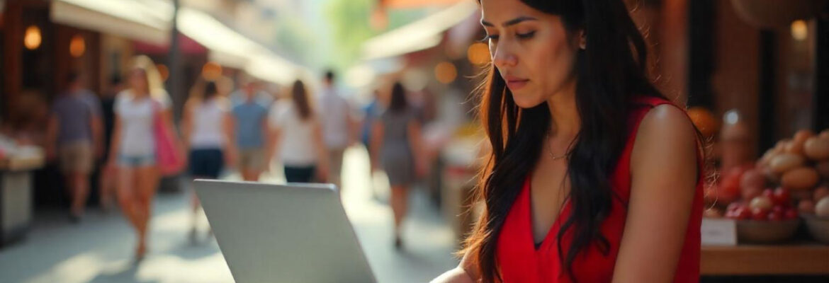 A frustrated business owner looking at a slow, broken website on a laptop, with customers walking away in the background