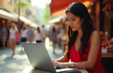 A frustrated business owner looking at a slow, broken website on a laptop, with customers walking away in the background