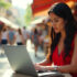 A frustrated business owner looking at a slow, broken website on a laptop, with customers walking away in the background