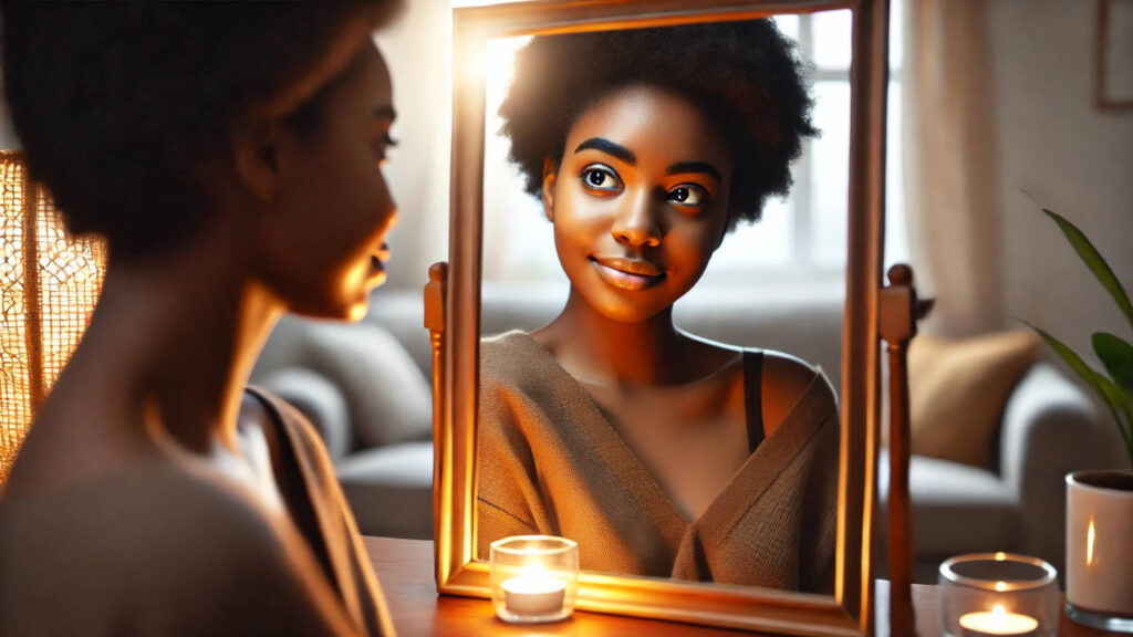 A woman looking into a mirror with a kind, self-encouraging expression