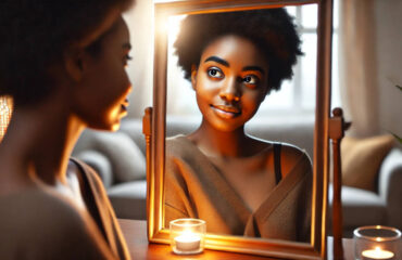 A woman looking into a mirror with a kind, self-encouraging expression