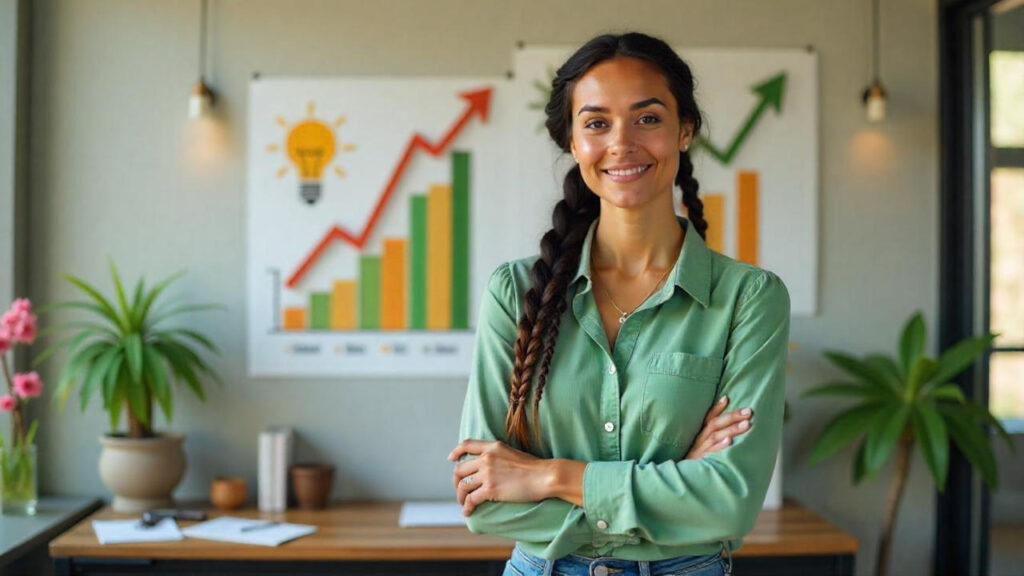 A confident small business owner standing in a modern office, surrounded by upward financial charts