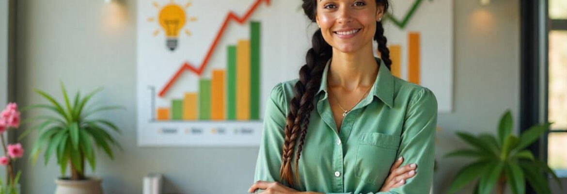 A confident small business owner standing in a modern office, surrounded by upward financial charts