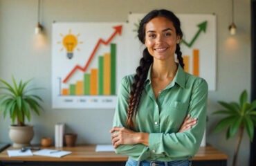 A confident small business owner standing in a modern office, surrounded by upward financial charts