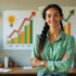 A confident small business owner standing in a modern office, surrounded by upward financial charts