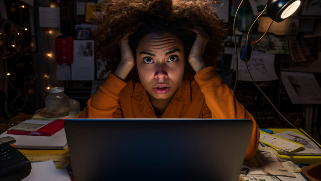 A woman in a dark room illuminated by a single lightbulb anxiously looking at her laptop whilst holding her head