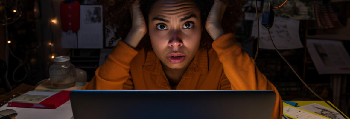 A woman in a dark room illuminated by a single lightbulb anxiously looking at her laptop whilst holding her head