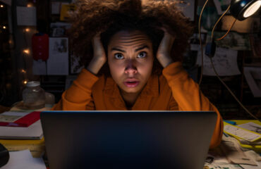 A woman in a dark room illuminated by a single lightbulb anxiously looking at her laptop whilst holding her head