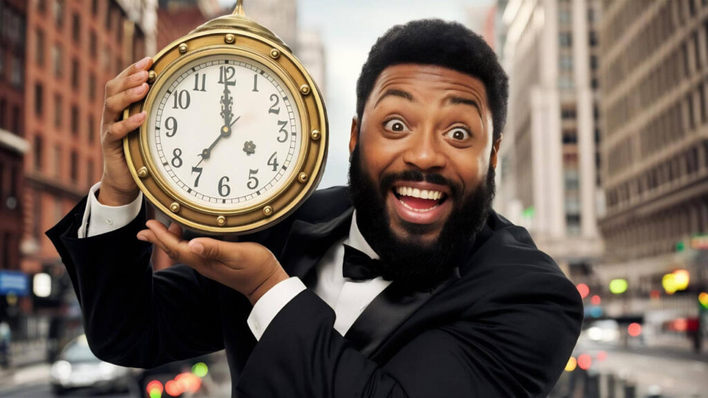 Happy exited bearded man in black suit holding golden clock