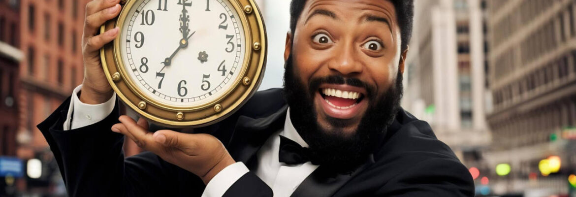 Happy exited bearded man in black suit holding golden clock