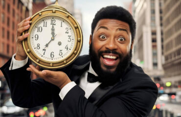 Happy exited bearded man in black suit holding golden clock