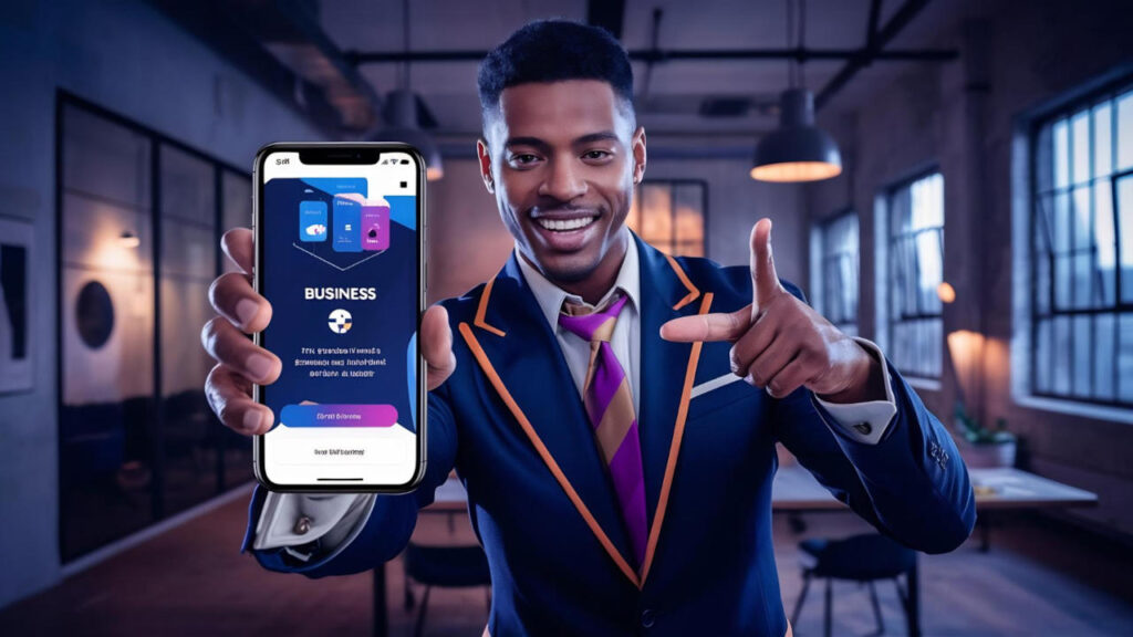 Happy male entrepreneur in suit pointing finger at smartphone scree showing mobile application