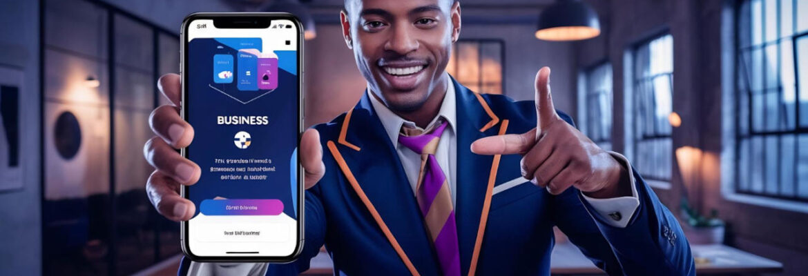 Happy male entrepreneur in suit pointing finger at smartphone scree showing mobile application